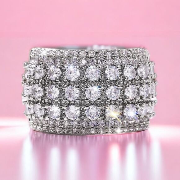 🧊💍Wide Luxurious Silver CZ Diamond 5-Row Sparkle Band Statement Cocktail Ring - Picture 5 of 17